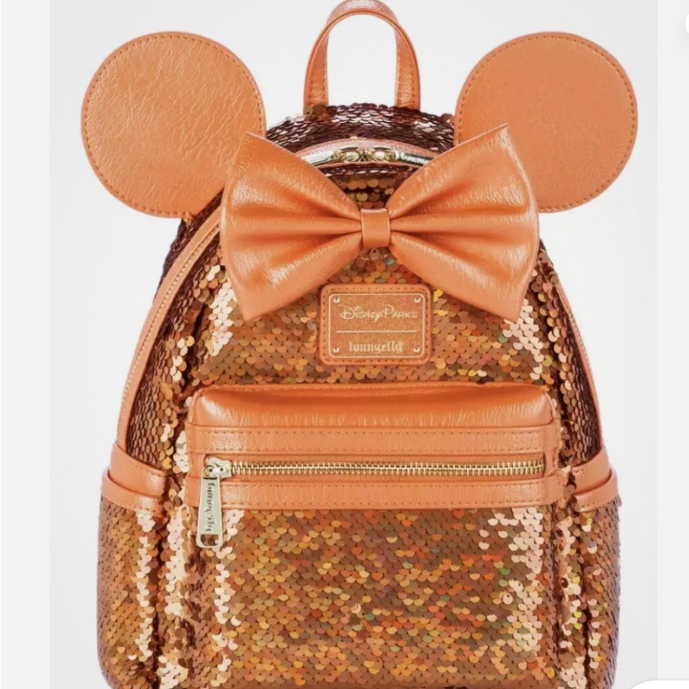 Disney Parks Minnie Mouse Sequined Loungefly Mini Backpack Peach Punch